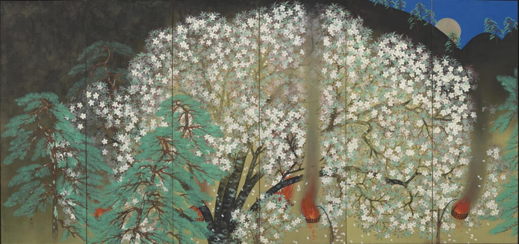 YOKOYAMA Taikan’s work Cherry Blossom at Night 1929 (left part), in Rome 1930 横山大観「夜桜」（左隻）　昭和４（１９２９）